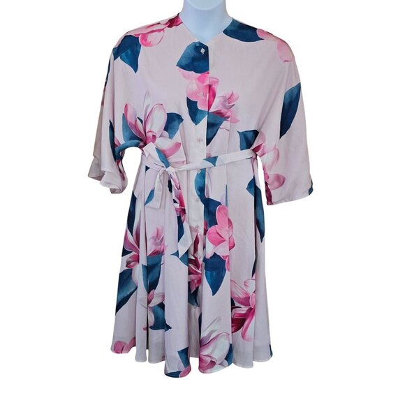 Floral Print A-Line Dress Belt & Button Down fairycore flower power elegant boho - Picture 1 of 4